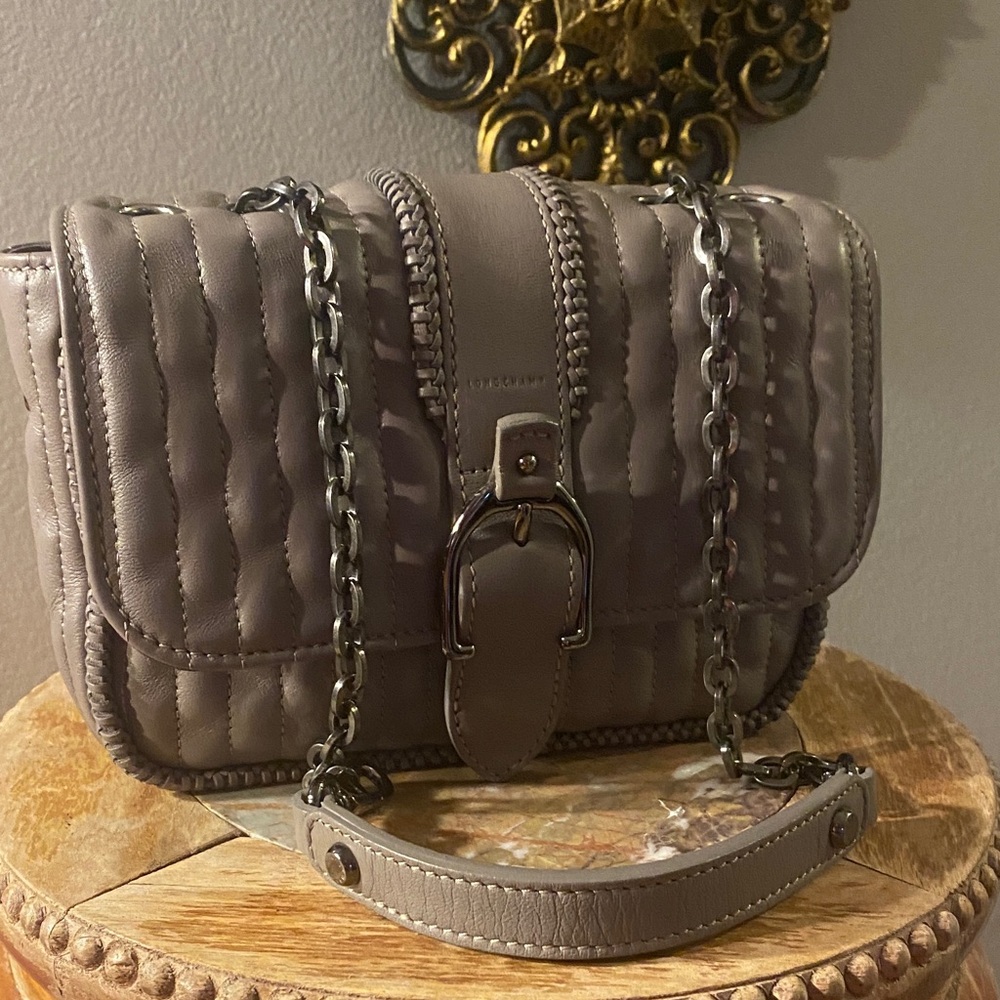 Longchamp Amazone XS Quilted Leather Chain Crossbody Purse ~NIP~ Grey